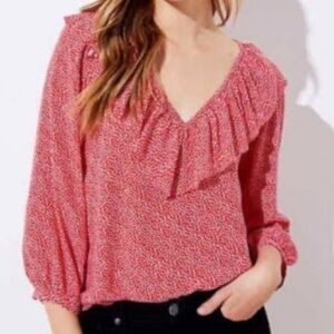 Ann Taylor LOFT Red Heart Print V-neck Long Sleeve Blouse NWT